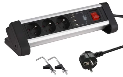 Productafbeelding van Electraline stekkerdoos voor bureau, met 3 stopcontacten, 3 USB-poorten, 1,5 meter lang, zwart