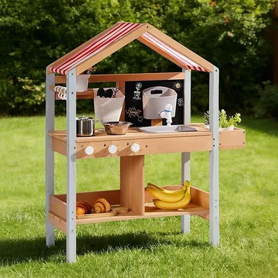 Image de Cuisine d'extérieur pour enfants avec jardinière et robinet | Cuisine en bois avec abri, évier, plaque de cuisson, tableau et accessoires pour les jeux de rôle, à partir de 3 ans