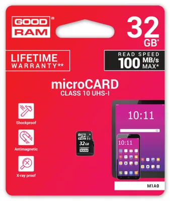 Obrázok produktu pre Goodram M1A0, 32 GB, MicroSDHC, Trieda 10, UHS-I, 100 MB/s, 10 MB/s