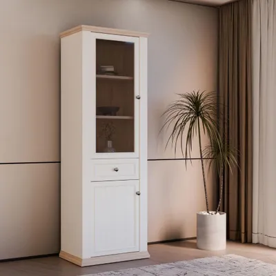 Immagine prodotto di Vetrina Essenza 1 Anta Vetro e 1 Anta con Cassetto Bianco e Rovere 202 cm – Stile Classico