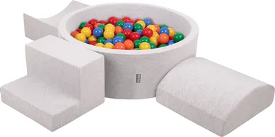 Obrázok produktu pre KiddyMoon Mäkké penové ihrisko pre deti s guľatým loptičkovým ihriskom (200 ∅ 7 cm) s mäkkými prekážkami a loptičkovým bazénom,  vyrobené v EÚ, Svetlo sivá:Žltá/Zelená/Modrá/Červená/Orang