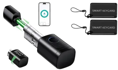 Obrázok produktu pre Inteligentný dverový zámok, elektronický zámkový valec, s nastaviteľnou dĺžkou (60–90 mm) pre europrofil, 5 v 1 (odtlačok prsta, aplikácia Tuya, PIN, RFID, kľúč)