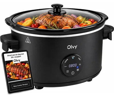 Produktbild von Olvy Digitaler Slow Cooker mit Timer – 6 Liter Schongarer – Keramik-Innentopf – inkl. Kochbuch