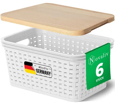Produktbild von Novaliv 6er Set Aufbewahrungsboxen mit Holzdeckel Mini 2L Korb Weiß in Rattan Design Lebensmittelecht Aufbewahrungskorb Stapelboxen Nestbar Kunststoff BPA-frei Kiste Verstaubboxen mit Deckel