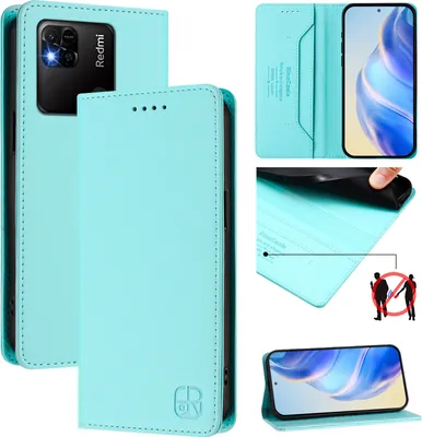 Produktbild von Lederhülle für Xiaomi Redmi 10A/Redmi 9C Hülle Flip Brieftasche Kartenfächern Ständer Schutzhülle Türkis