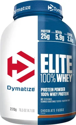 A product shot of a Dymatize Elite 100% Whey protein powder container.