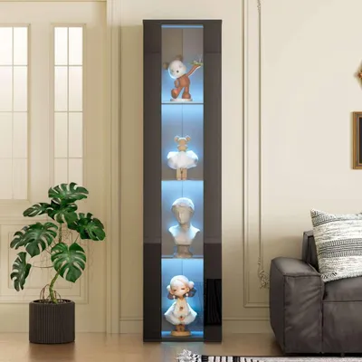 Zdjęcie produktu dla Nowoczesna witryna LED z obsługą za pomocą aplikacji, płytami akrylowymi i szklaną przegrodą, idealna do ekspozycji, w kolorze czarnym, wielofunkcyjna, wymiary: 40 x 29 x 170 cm