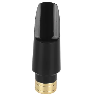 A black saxophone mouthpiece with gold accents on a white background.