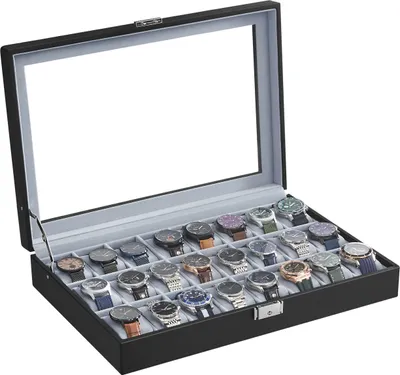 Produktbild von SONGMICS Uhrenbox, abschließbarer Uhrenkasten, Uhrenkoffer, Organizer für Uhren, mit 24 Fächern, Glasdeckel, Geschenk für die Liebsten, PolyurethanBezug in Schwarz, Samtfutter in Grau BWJ024