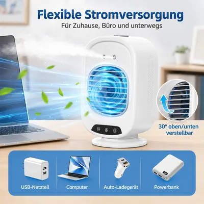 Produktbild von Leiser Mini Luftkühler mit Sprühfunktion USB, Tischventilator mit 0,5L Tank, 36dB, oszillierend für Schlafzimmer & Büro