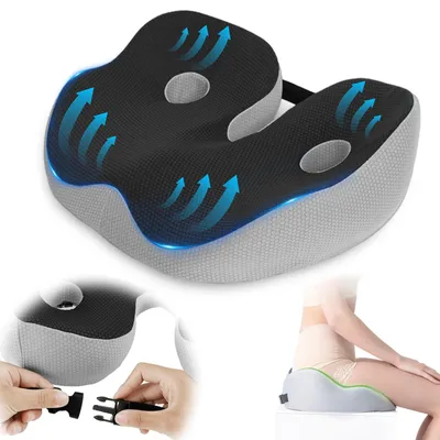 Produktbild von Sitzkissen aus Memory-Schaum, ergonomisches orthopädisches Sitzkissen, Steißbeinkissen mit verstellbarer Breite für Büro und Auto, lindert Ischiasschmerzen (schwarz)