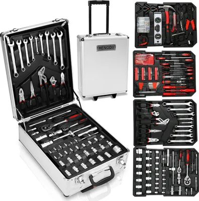 A collage of images showing a silver rolling tool case and various tool sets.