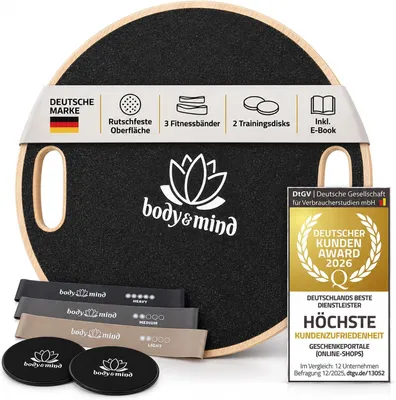 Produktbild von Body & Mind Holz Balance Board Deluxe 360° Wackelbrett rutschfest für Erwachsene & Kinder | Ideal für Physiotherapie, Fitness & Yoga