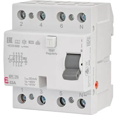 Immagine prodotto di Interruttore differenziale 4P, 63A, 0,03A, tipo A, 6kA, modello EFI6-P4, codice prodotto 002061663
