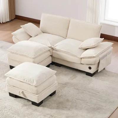 Zdjęcie produktu dla Modułowa sofa dwuosobowa obita tkaniną Cord, z dwoma podnóżkami, portem USB-C i kieszeniami bocznymi, kolor beżowy, wymiary 190x132x84 cm, idealna do salonu, biura lub salonu wypoczynkowego