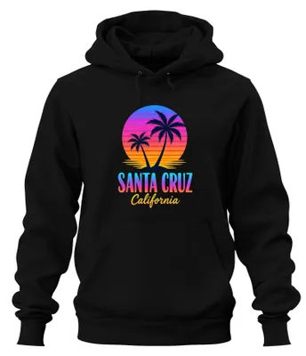Immagine prodotto di Felpa con cappuccio, stile anni '80, con scritta "Santa Cruz California Sonnenuntergang Palmen", colore nero, taglia S