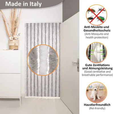 Image de Defactoshop Rideau anti-insectes "Defacto Rideau de porte à fils Rideau à boucles PVC transparent 90x200cm, Rideau anti-mouches bandes Gris/Blanc