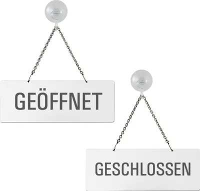 Produktbild von Hängeschild | Wendeschild Geöffnet Geschlossen | Melamin weiß | Saugnapfhaken | Format 175x65 mm