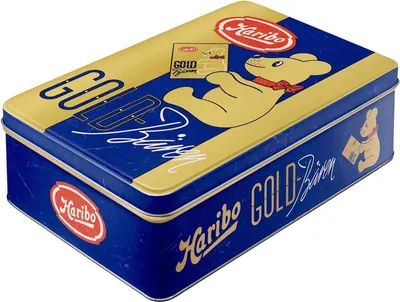A rectangular tin box with a vintage design featuring Haribo Goldbears.