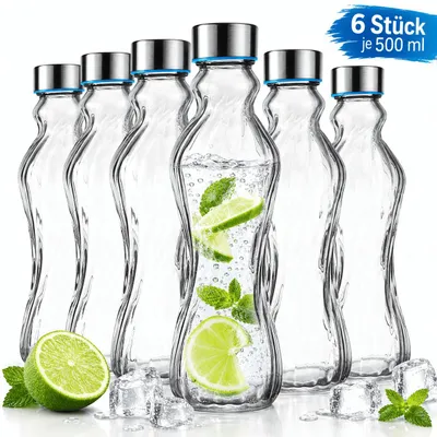 Produktbild von 6x Glasflasche 500ml Trinkflasche Glasflaschen Wasserflasche mit Edelstahldeckel