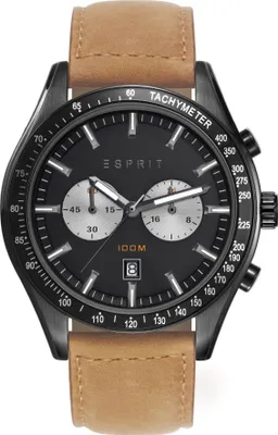Produktbild von ESPRIT Herrenarmbanduhr „Ryan“ Chronograph Leder, Schwarz