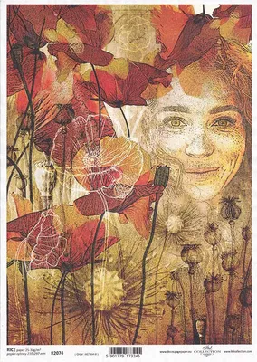 Produktbild von ITD Reispapier Decoupage Bastelpapier Gesicht einer Frau, Mohnblumen R2074