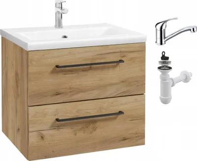 Produktbild von Stamar Waschtisch mit Unterschrank Hängend 50 cm Craft Gold Eiche Matt Softclose Schubladen | Badmöbel Set mit Keramik-Waschbecken und Chrom Schwenkar