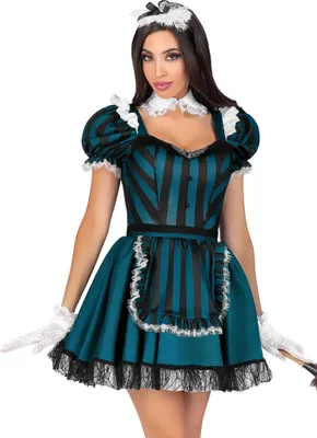 Produktbild von LEG AVENUE 4 PC Victorian Maid, enthält ein gestreiftes Kleid mit Juwelenbesatz und integriertem Petticoat, spitzenbesetzte Schürze, Kragen und Kopfbedeckung