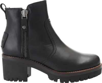 A black leather ankle boot with a chunky heel and zipper closure, shown from the side against a white background.