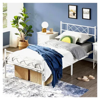 Produktbild von Modernes Metallbett 90x200 cm mit Lattenrost, Doppelbett/Einzelbett, Bettrahmen mit Kopfteil, Gästebett Jugendbett für Schlafzimmer und Gästezimmer in Weiß