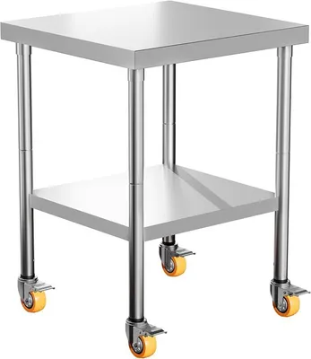 Imagen del producto de Mesa de trabajo de acero inoxidable de 61x46x85 cm con superficie de MDF, capacidad de carga de 300 kg. Mesa de cocina/mesa de preparación/mesa profesional con ruedas y estante inferior ajustable, ideal para cocina, taller, restaurante o bar
