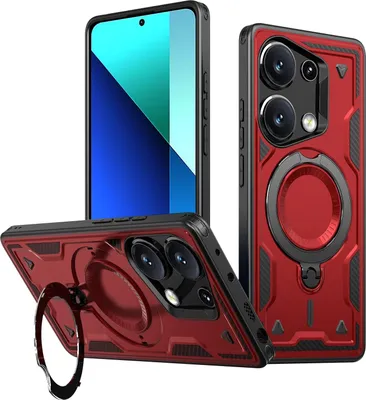 Produktbild von Dual Layer Hülle für Xiaomi Redmi Note 13 Pro 4G/Poco M6 Pro 4G Metall Ring Ständer Magnetisch Stoßfest Militär Handyhülle Rot