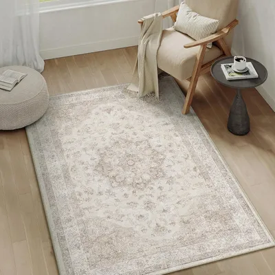 Productafbeelding van Vintage Tapijt 80x150 cm, beige, voor woonkamer, wasbaar en antislip, korte pool