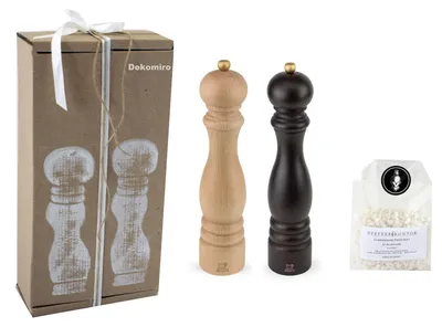 Produktbild von Peugeot Paris Set Pfeffermühle schoko und Salzmühle natur 30 cm mit 100 gr. Salz im Dekomiro Geschenkset