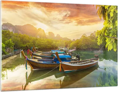 Produktbild von Bilder auf glas - Berge Boot Wasser - 120x80cm - Glasbilder - Wandbilder - Kunstdruck - zum Aufhängen bereit - Wanddekoration aus Glas - Glas Bilder - Wandbild auf Glas - Einteilig - GAA120x80-4003
