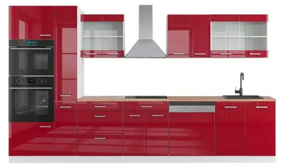 Produktbild von Küchenzeile Vicco R-Line Rot Hochglanz/Weiß 350 cm mit Hochschrank, AP Eiche, Model 42656