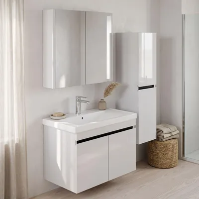 Produktbild von Badmöbel Set Weiß Venus | Waschtisch mit Unterschrank | Spiegelschrank | Keramik 80 mit Einbauwaschbecken
