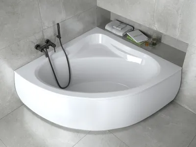 Produktbild von ECOLAM Badewanne Eckbadewanne Eckwanne Wanne Acryl Mia Design 140x140 Schürze Füße Silikon + Ablaufgarnitur Ab- und Überlauf GRATIS Komplett-Set