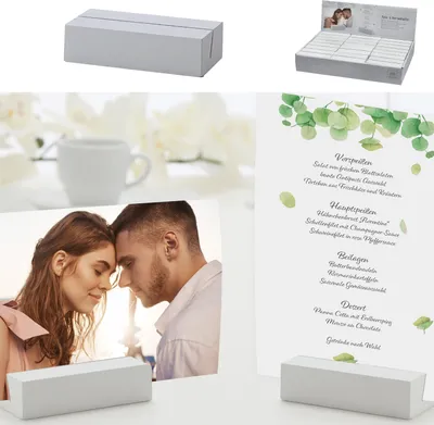 Produktbild von Tischkartenhalter Fotohalter 24er Set Block 4x8cm MDF weiß Kartenhalter Halterung Foto Speisekarte Postkartenhalter