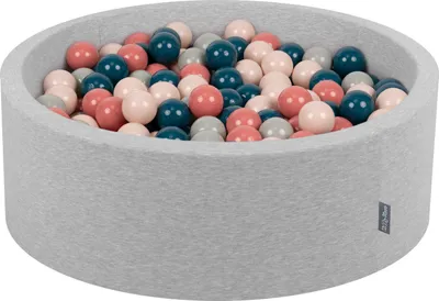 Obrázek produktu pro KiddyMoon kuličkový bazén 90x30cm/300 míčků ∅ 7cm kuličkový bazén s barevnými míčky pro děti kulatý, světle šedá:tmavě tyrkysová/pastelově béžová/zelenošedá/lososová barva