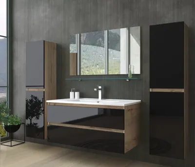 Produktbild von Badmöbel Set Schwarz  / Eiche  Optik Hochglanz Badezimmermöbel 90 cm Kaiser Badmöbel Set Komplett.