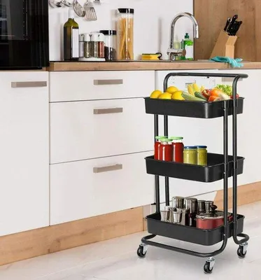 Obrázok produktu pre Trojposchodový regálový vozík na kolieskach – vozík na kuchynské utierky do kúpeľne s úložným priestorom – čierny