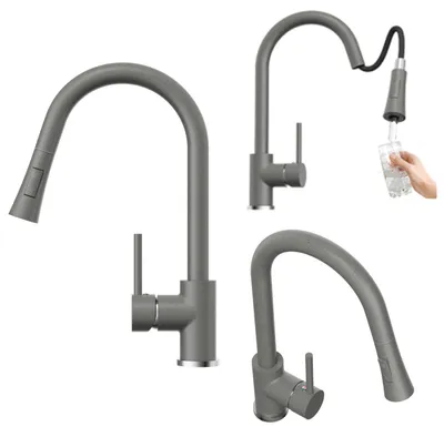 Produktbild von Granitan | LIBRA - Küchenarmatur - Ausziehbarer Auslauf - 360° schwenkbar - Grau - Messing - Keramikkopf