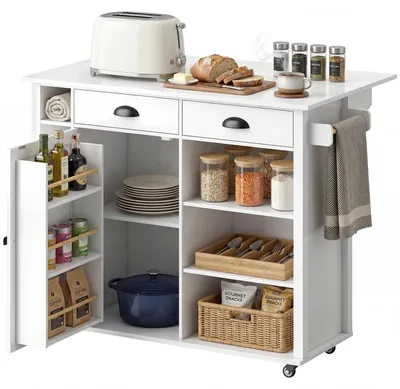 Image de Îlot de cuisine sur roulettes - Chariot de cuisine - Plan de travail rabattable - Espace de rangement avec étagères - Blanc