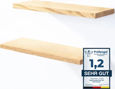 Produktbild von LAMO Manufaktur 2 Stück Wandregal aus Holz mit unsichtbarer Befestigung 2x 42cm | Wandregal aus 100 % echtem Holz | Hängeregal für Wohnzimmer, Schlafzimmer | Wandregale SET 4 Gerade Farbe: Natur