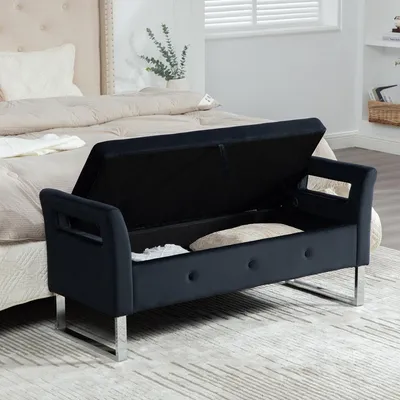 Immagine prodotto di Panca imbottita in velluto con spazio contenitore, braccioli e vano portaoggetti nascosto, ideale per il soggiorno e la camera da letto, colore nero