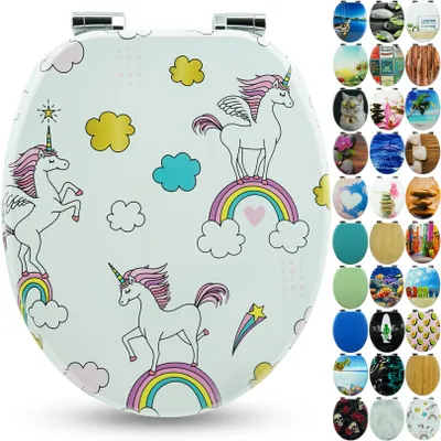 Produktbild von Sanfino® Premium WC Sitz "Unicorns" hochwertiger Toilettendeckel mit Absenkautomatik aus Holz, viele bunte Motive, einfache Montage
