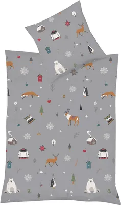 Produktbild von Fleuresse Mako-Satin Bettwäsche 155x220 Fuchs Hirsch Winter Bäume grau 114324-07