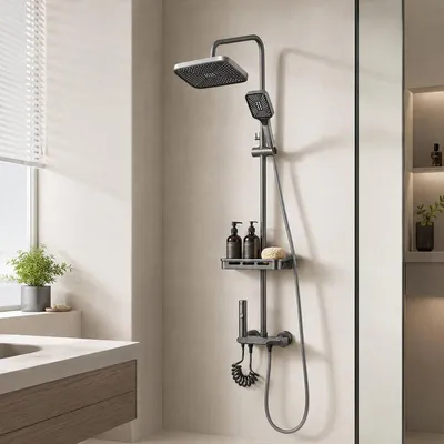 Produktbild von ProximaX Duschsystem mit Piano Tasten, 4 Funktionen, Regendusche, Handbrause und Reinigungsbrause, Grau