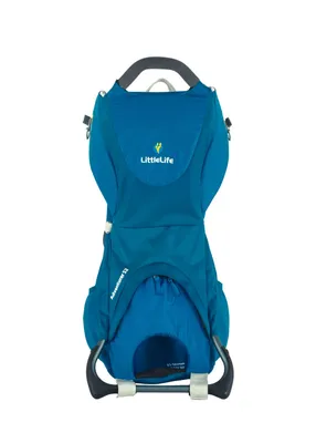 A child carrier backpack shown from the front against a white background.